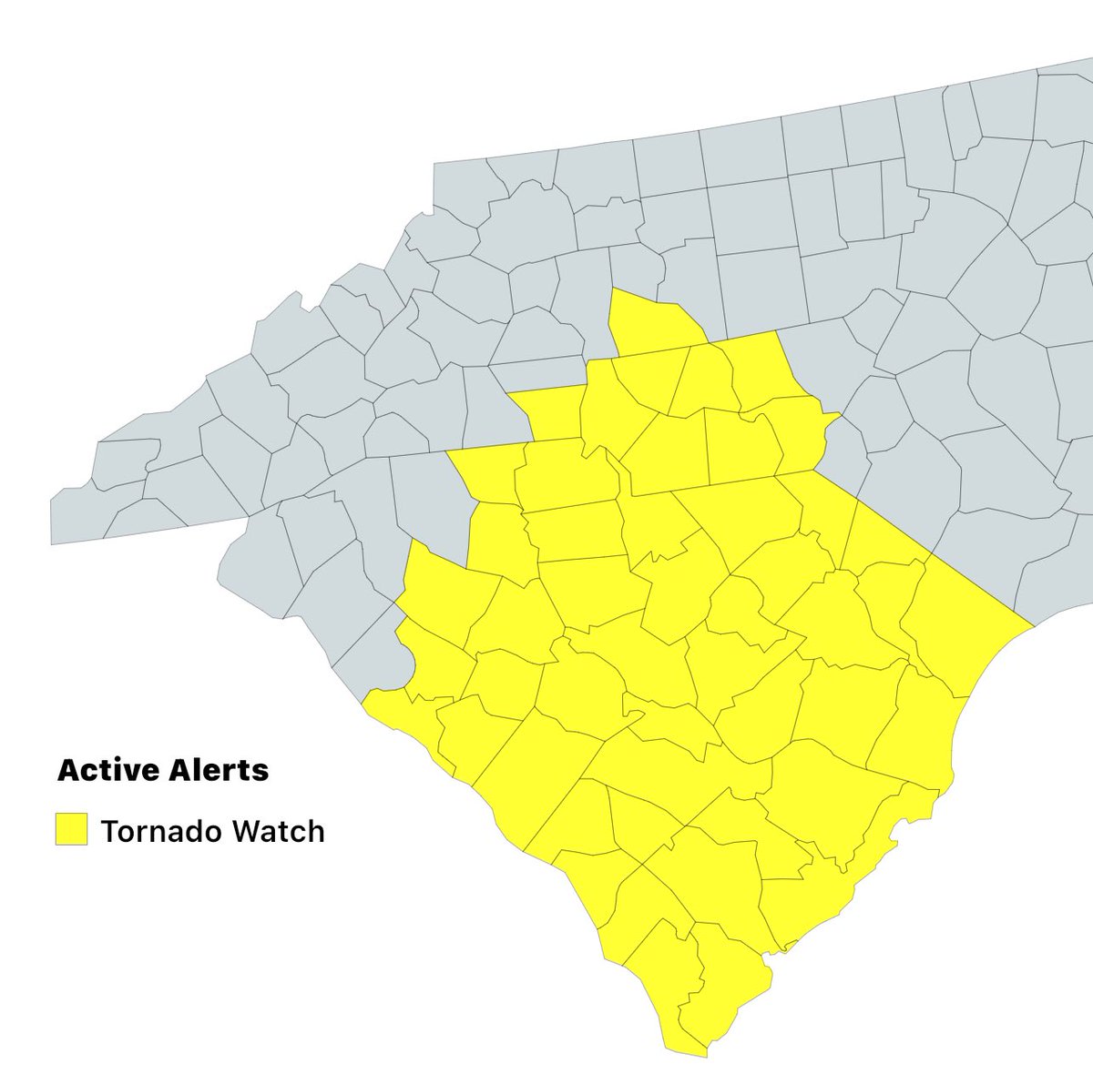 JDHuffmanPAW's tweet photo. A #TornadoWatch has been issued for the counties in yellow below. This means that conditions are favorable for the development of tornadoes. This does NOT mean that a #Tornado has developed or spotted.

#NCWX #SCWX #CLTWX #JDHuffmanPAW #PAWSevere24 #WeatherAlert #ProAlertWeather https://t.co/3Faz86pY4N