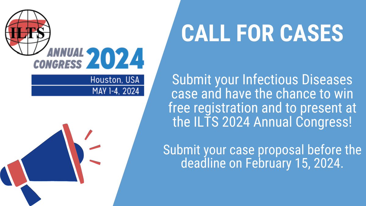 The #ILTS Infectious Diseases SIG offers you the opportunity to actively participate in its meeting in Houston in May 2024 - and to win free congress registration! Click here to submit your proposal by February 15, 2024: loom.ly/YXEODPw #ILTS2024 #LiverTwitter