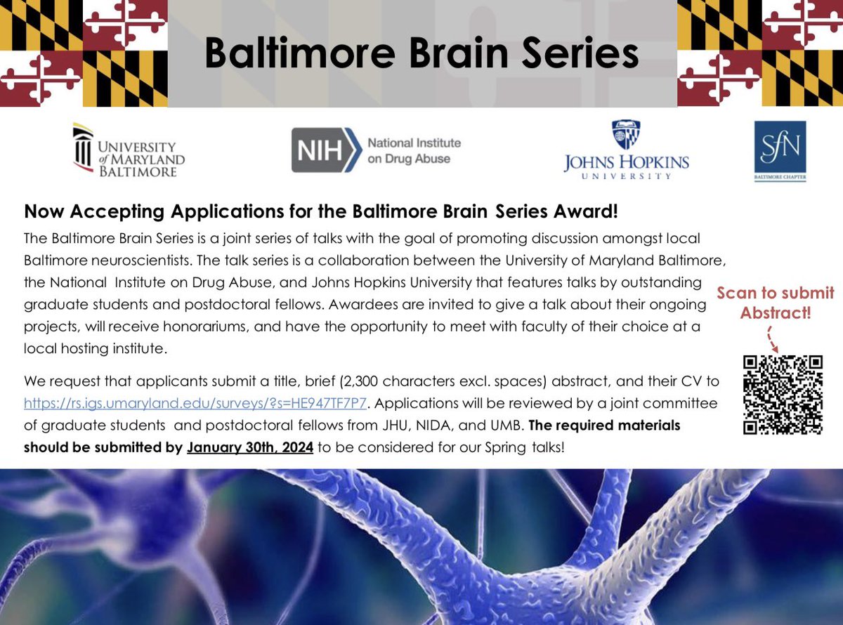 Happy new year! 2024 is the perfect time to apply for the Baltimore Brain Series award; abstract submission is open! Speakers will be invited for an in-person seminar with Zoom links given to the other institutions. @UMMedNeuro @NIDAnews @HopkinsNeuro @jhneurostudents