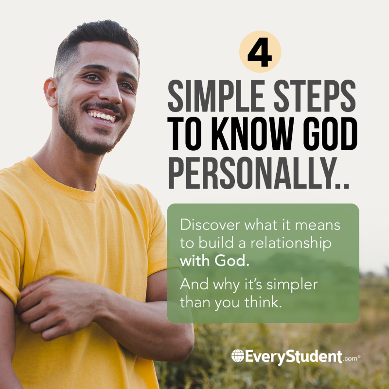 everystudent's tweet photo. What does it mean to build a relationship with God?

Pray for hours a day? Wait for a spiritual experience? No, it’s way simpler than that.

Discover the 4 simple steps to know God personally today…

https://t.co/bcgD8BU8yg