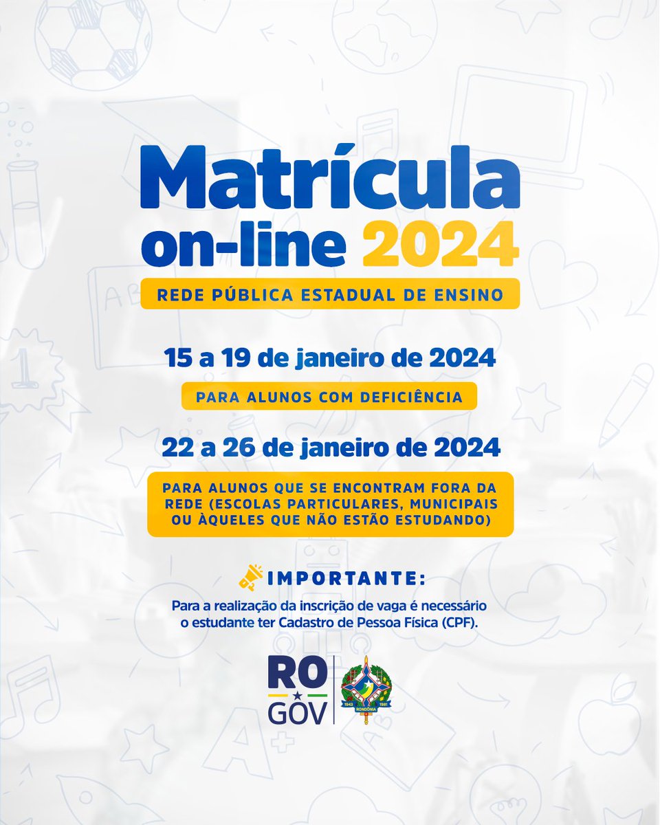 gov_rondonia's tweet photo. 💻O Governo de Rondônia anuncia o período de matrículas online na Rede Pública Estadual de Ensino.
👉Estudantes com deficiência: de 15 a 19/01;
👉 Demais: 22 à 26/01.
📲 Saiba mais: https://t.co/x8elVRx5Lq
#governoro #rondônia #govRO #governoderondônia #matrículasonline #edu https://t.co/Yq6KKb75uy
