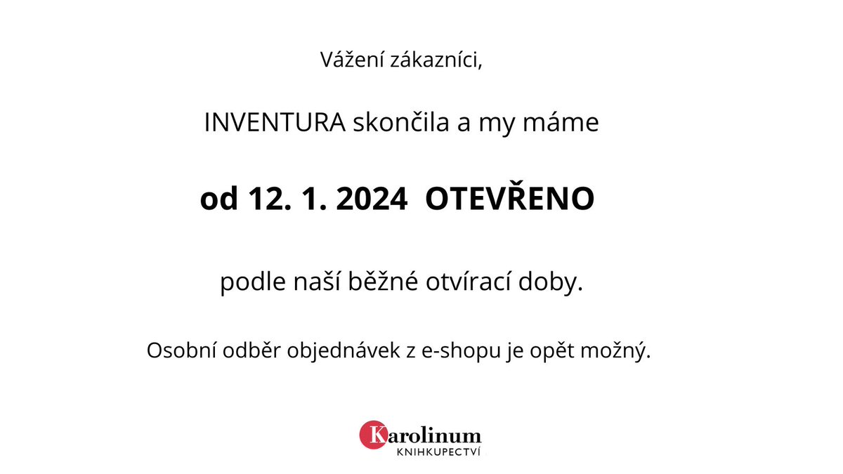 KarolinumBooks's tweet photo. Od 12. 1. 2024 máme opět otevřeno v naší běžné provozní době. Rádi Vás u nás v Celetné přivítáme!
#knihy #novéknihy #mámeotevřeno https://t.co/dk0IiguRjH