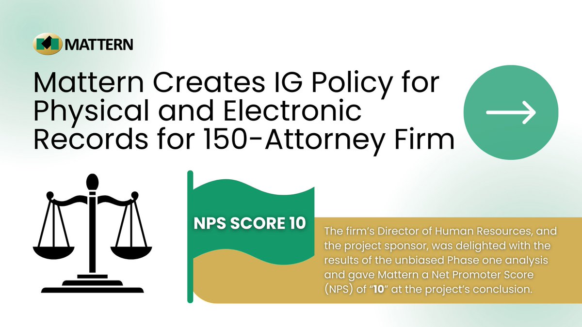 MatternofFact's tweet photo. 🔍IG continues to be a top business objective for law firms. This was the case with this 150-attorney firm who approached Mattern about assisting the firm with the management of their records, data governance &amp; library services. Read the case study here: https://t.co/h7ddCP7Yek https://t.co/NMqcBJlbPa