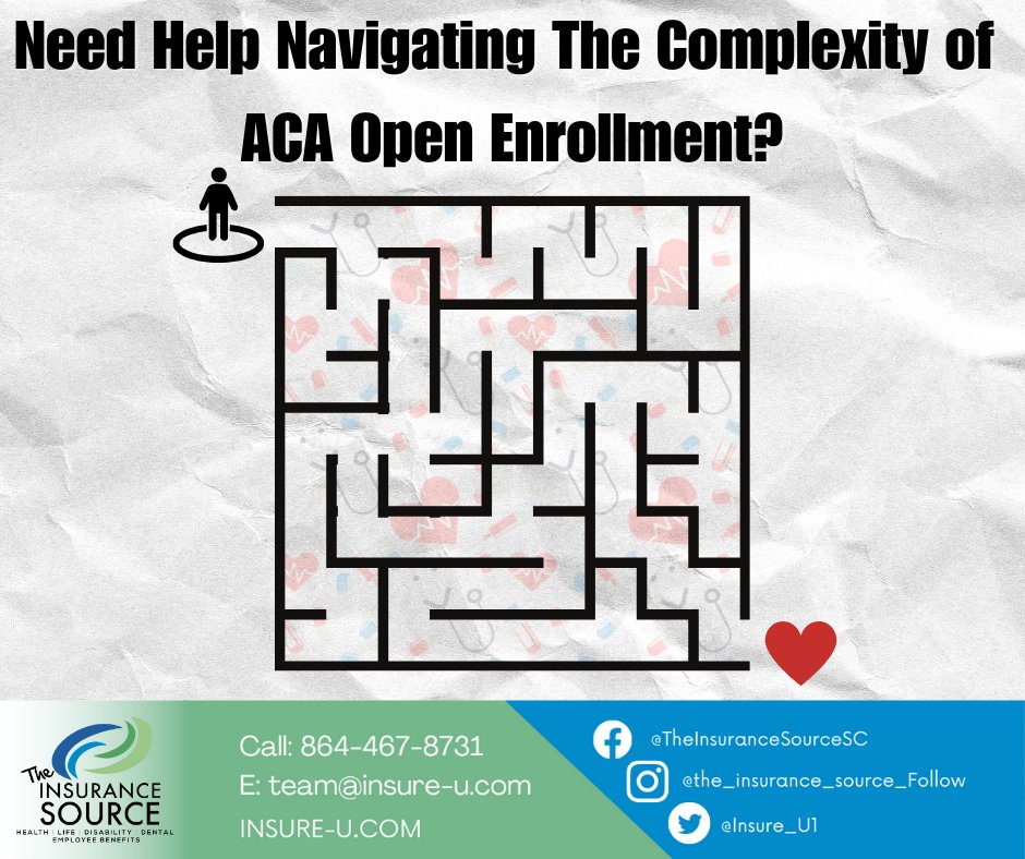 Navigating ACA Open Enrollment can feel like a maze. If you're feeling lost in the complexity, we're here to help you find your way!

🗓️ Deadline: January 15
🌟 Coverage Start Date: February 1

INSURE-U 

Get Quote Online: Insure-u.com
Or Call (864) 467-8738