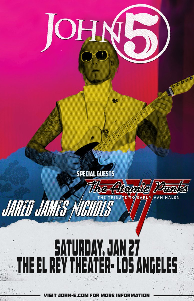 🚨LOS ANGELES!!🚨
2️⃣ weeks to go for the JAN 27th show at the <a href="/elreytheatre/">El Rey Theatre</a> for #John5 with special guests <a href="/JJNicholsMusic/">Jared James Nichols</a> &amp; <a href="/TheAtomicPunks/">The Atomic Punks</a> 
🎫axs.com/events/497446/…
🗓All dates &amp; Tix links/VIP upgrades: linktr.ee/john5official
#John5AndTheCreatures