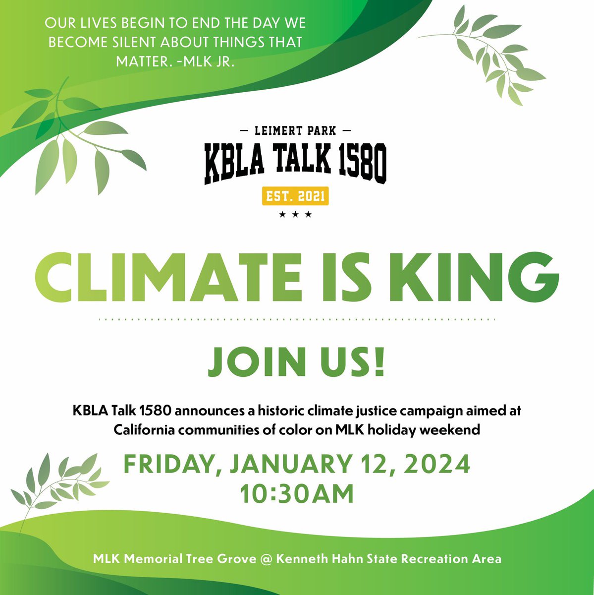 Join us on Friday, January 12, as we kick off this historic moment at Kenneth Hahn State Recreation Area! You don’t want to miss this big announcement. 

#KBLAClimateJusticeCampaign2024 #ClimateJustice