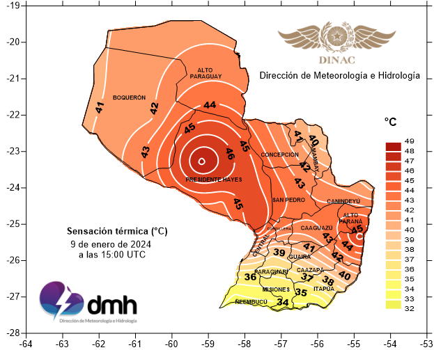 DMH_paraguay's tweet photo. 🥵🌡️Las marcas de sensación térmica indican valores de hasta 48,3°C en el horario de las 12:00 H. 🌡️🥵

FECHA: 9/01/2024
HORA: 14:15 https://t.co/yOjTXNTZSV