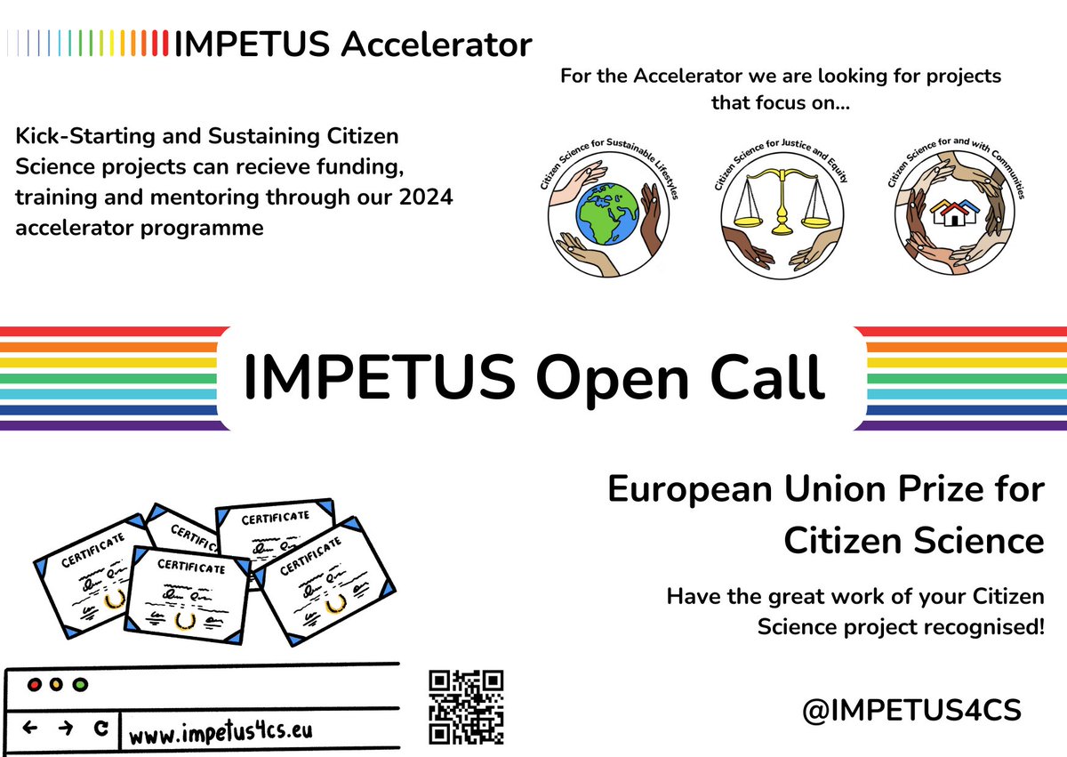 impetus4cs (@impetus4cs) on Twitter photo We are excited to announce that the 2nd <a href="/impetus4cs/">impetus4cs</a> call for #citizenscience projects is now ... Open!
We are on the search for #citsci projects to support and celebrate via our #accelerator program and the #EUprize for #citsci
Learn more here:
impetus4cs.eu/opencall/ We are excited to announce that the 2nd <a href="/impetus4cs/">impetus4cs</a> call for #citizenscience projects is now ... Open!
We are on the search for #citsci projects to support and celebrate via our #accelerator program and the #EUprize for #citsci
Learn more here:
impetus4cs.eu/opencall/