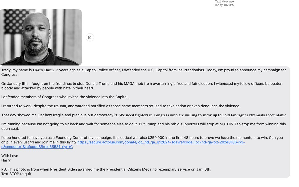 Big applause to whoever is doing <a href="/libradunn/">Harry Dunn</a>'s text messaging campaign because this is the only political text I've ever gotten that I haven't immediately wanted to delete....long but great content and makes the case for why I should want to hear from him.

More of this, please..