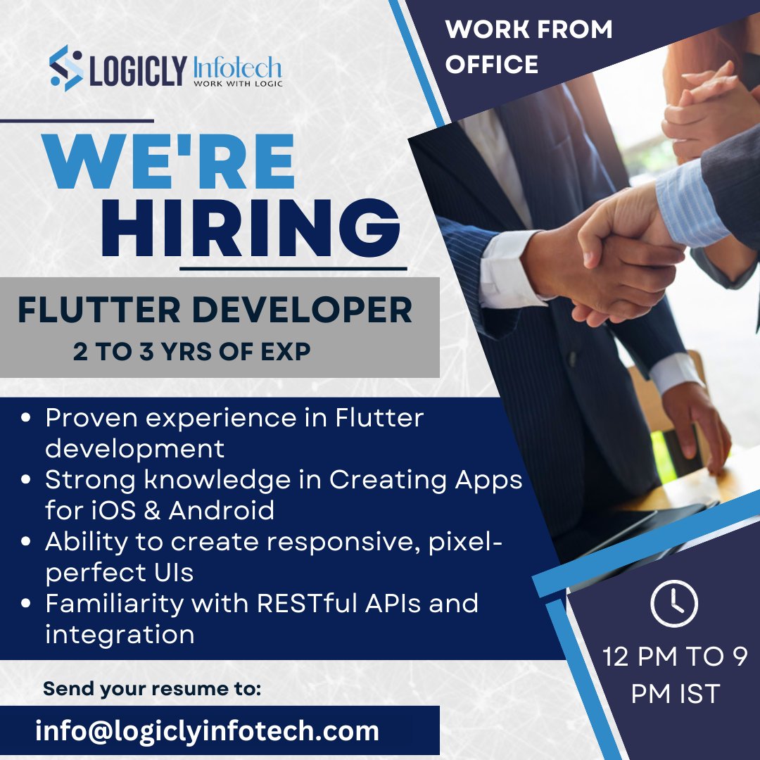 🚀 Join the Logicly Infotech family! 🌐 We're on the lookout for a talented Flutter Developer to enhance our dynamic team. 
Share your CV at info@logiclyinfotech.com

#FlutterDeveloper
#FlutterJobs
#HiringFlutter
#FlutterCommunity
#MobileAppDev
#FlutterDev
#TechHiring
#MobileDev