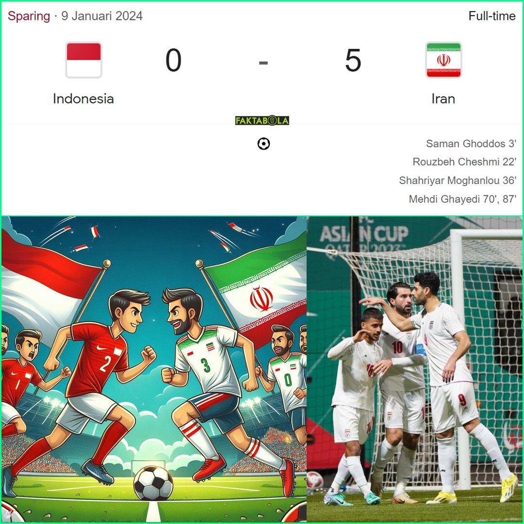 FaktaSepakbola's tweet photo. Timnas Indonesia mengalami kekalahan 5-0 lawan Iran (Rank 21 FIFA) di laga ujicoba tertutup hari ini.

Ujicoba sudah selesai, selanjutnya Piala Asia akan dimulai. Laga pertama Indonesia lawan irak pada 15 Januari nanti. Selamat berjuang timnas Indonesia! 🇮🇩

Pemain Feyenoord, Alireza Jahanbakhsh, main di babak pertama. Pemain Brentford, Saman Ghoddos, cetak gol di babak pertama. Pemain Porto, Mehdi Taremi, main di babak kedua.

Lawan Iran (Rank terbaik ke-2 Asia) sudah, selanjutnya akan ketemu Rank 1 Asia yakni Jepang.