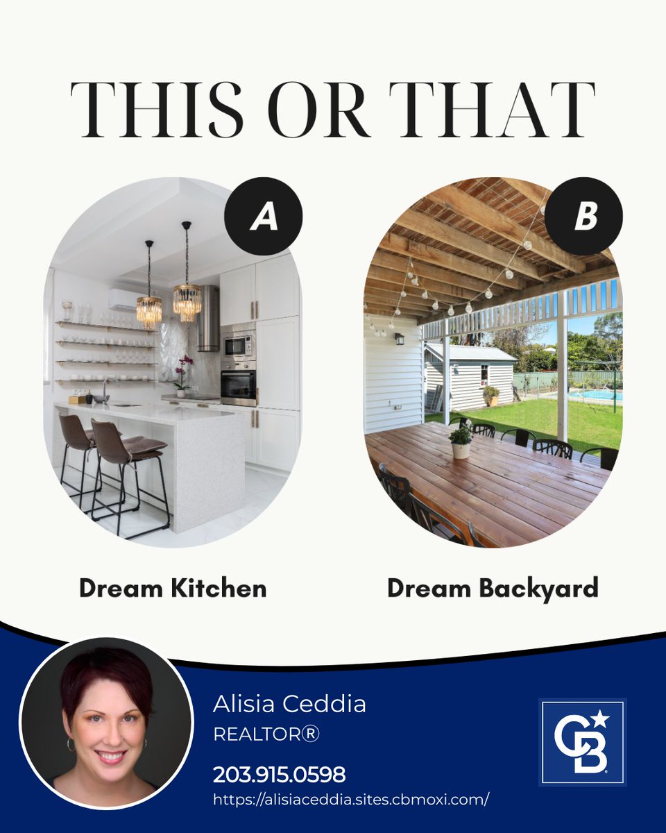 Here's a tough choice for you - if you could pick just one, would it be your dream kitchen or your ultimate backyard? 🏠 

#alisiasellsct #ctrealestate #cheshirect #southingtonct #meridenct #wallingfordct #connecticutre #ctrealestateagent