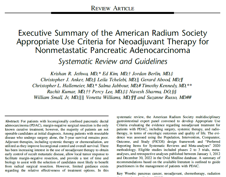 The @RadiumSociety multiD GI expert panel developed these Appropriate Use Criteria evaluating the evidence regarding neoadjuvant tx for pts with #pancreaticCancer, including surgery, systemic tx, & radiotherapy for both oncologic outcomes & QOL. #pancsm
journals.lww.com/amjclinicalonc…