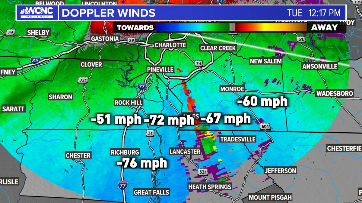 12:17 PM Doppler radar detecting winds near 60-75 mph between 500-1000' above the ground moving in from the south. Please heed all warnings and stay away from windows in your home. #cltwx #ncwx #scwx #wcnc