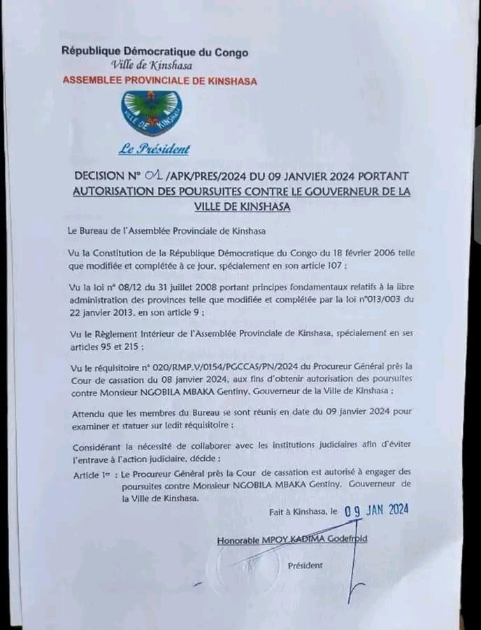 RealLuck2410's tweet photo. L' Assemblée provinciale de Kinshasa autorise les poursuites contre le Gouverneur Ngolbila https://t.co/GP1K4N9Aqt