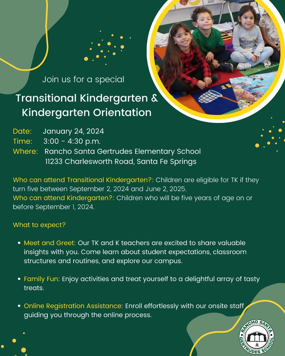 RanchoSG_ES's tweet photo. Reminder - TK and Kindergarten Orientation is just around the corner! 🏫 Join us January 24th from 3:00-4:30 to learn about student expectations, classroom structures and routines, and explore our campus 📚🎒✏️ https://t.co/bMdGKFZI66