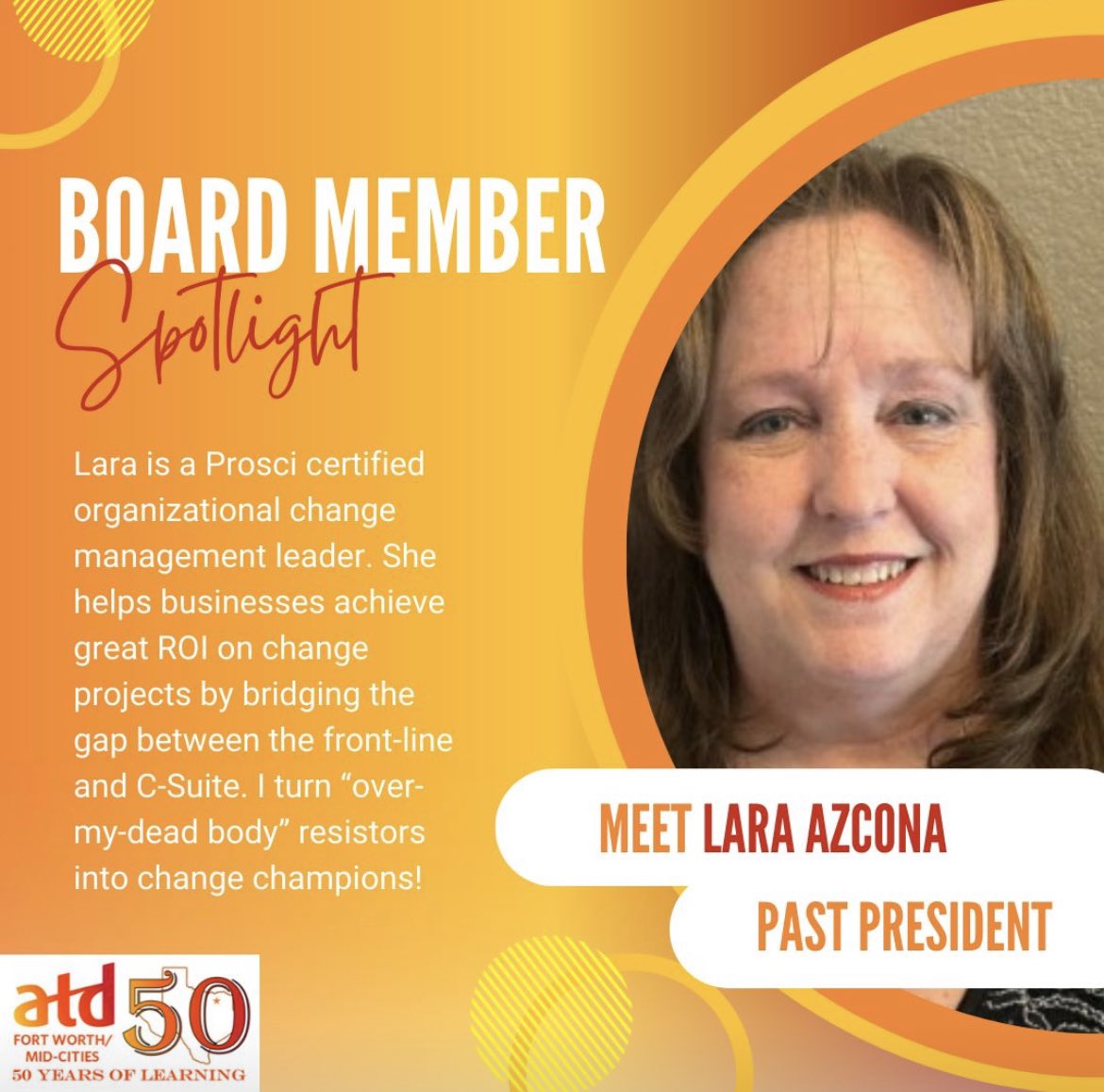 Say hello to Lara Azcona! 👋 We’re thrilled to introduce you to Lara! She’s beginning her 5th year as a board member of the ATD Fort Worth/Mid-Cities chapter. Lara is currently Past President of the Chapter. #ATDMemberMonth  #community #alwayslearning #boardmember