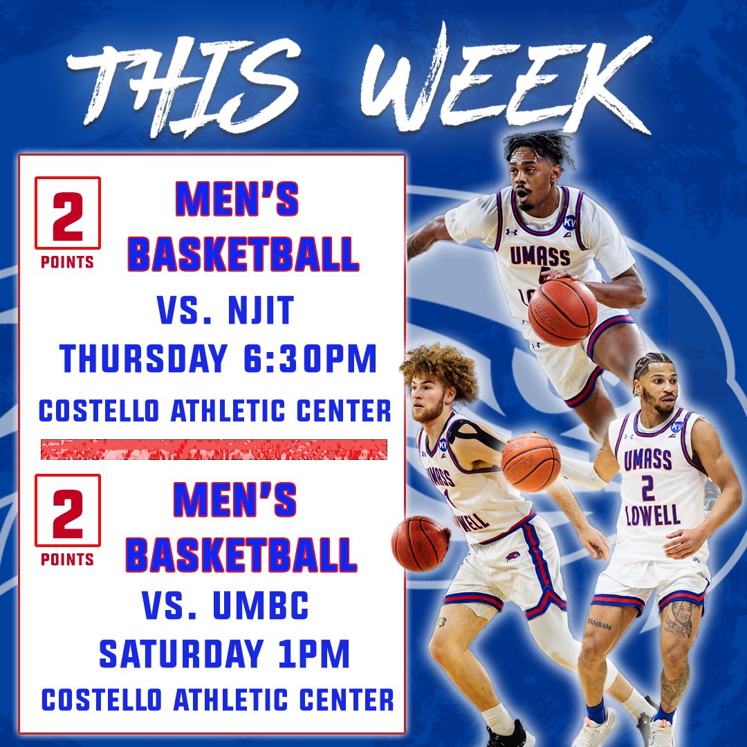 UMLRewards's tweet photo. Calling all River Hawk fans… Your Men’s Basketball team is back! Conference play sets in this week as NJIT rolls into Lowell on Thursday night at 6:30pm! UMBC is next on the schedule on Saturday afternoon at 1pm! Both games at Costello. 2 point opportunities!See you at Costello! https://t.co/AQwWTQUn8l