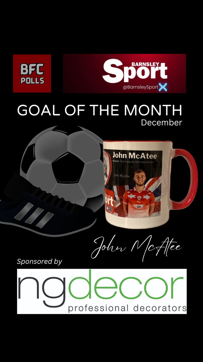 Barnsleyfcpolls's tweet photo. @BarnsleySportX 
December 'GOAL OF THE MONTH' competition sponsored by @NGDecorLtd

3️⃣Limited edition mugs up for grabs featuring our very own GOTM winner @johnmcatee161

For a chance of WINNING ⤵️

1️⃣ Follow 2️⃣ Like
3️⃣ Repost this tweet.

Good luck to all entries🤞

#barnsleyfc https://t.co/wFw2MCLUfj