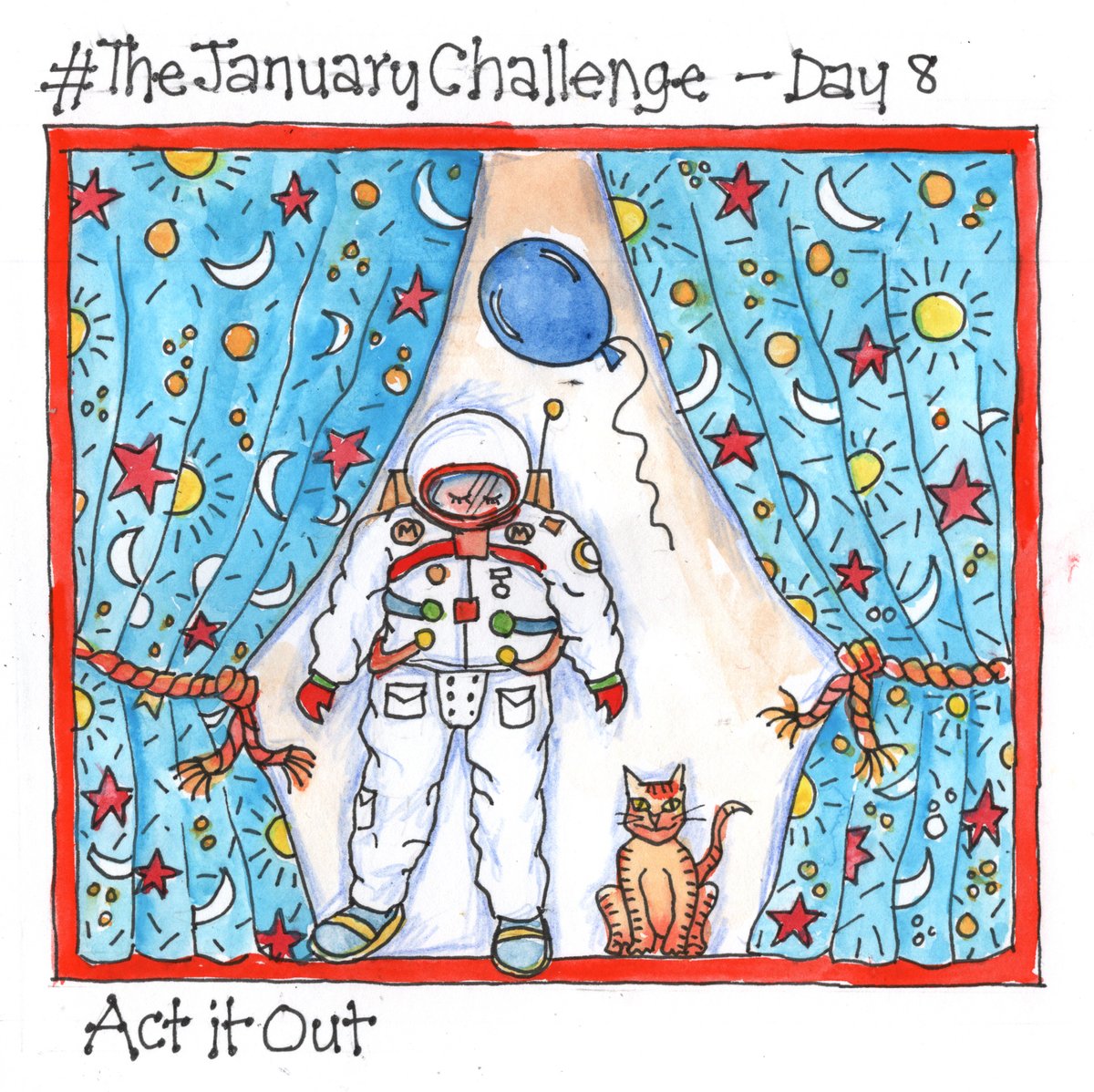 MaureenMace's tweet photo. #TheJanuaryChallenge #Day8 #actitout was great as previously I had gone to the moon with a cat & a balloon. Today I went on stage for acting out my trip and took a bow with the cat - bending as much as possible in my moon suit.
#sketchaday #cat #StorytellingArt #storytelling https://t.co/xTTjEVK115