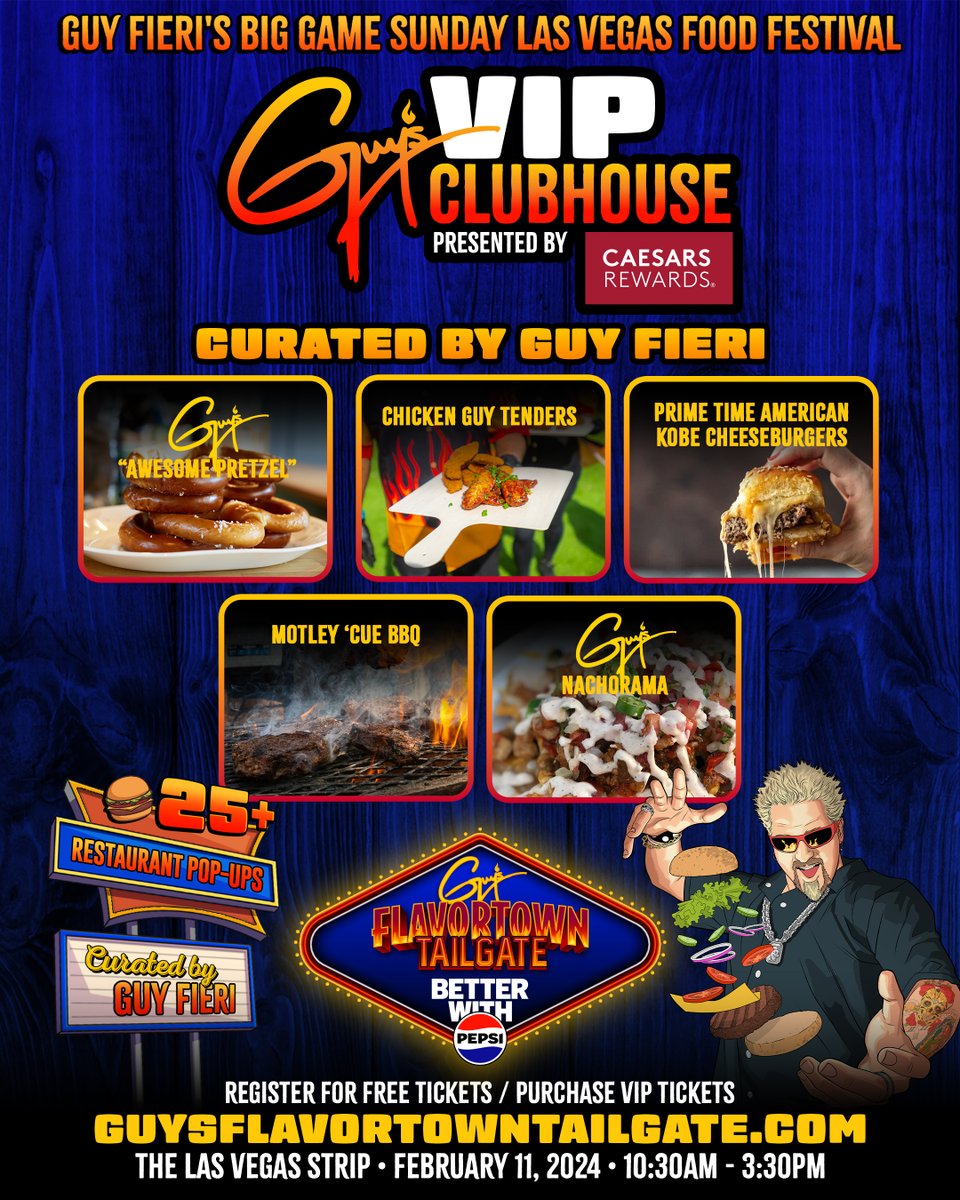 This menu is STACKED! 🥨😋🍖

Guests in Guy’s VIP Clubhouse presented by <a href="/CaesarsRewards/">Caesars Rewards</a> will enjoy unforgettable bites including Chicken Guy Tenders, Prime Time American Kobe Cheeseburgers and so much more!

🎟️ Purchase VIP Tickets Here: bit.ly/GuysFlavortown…