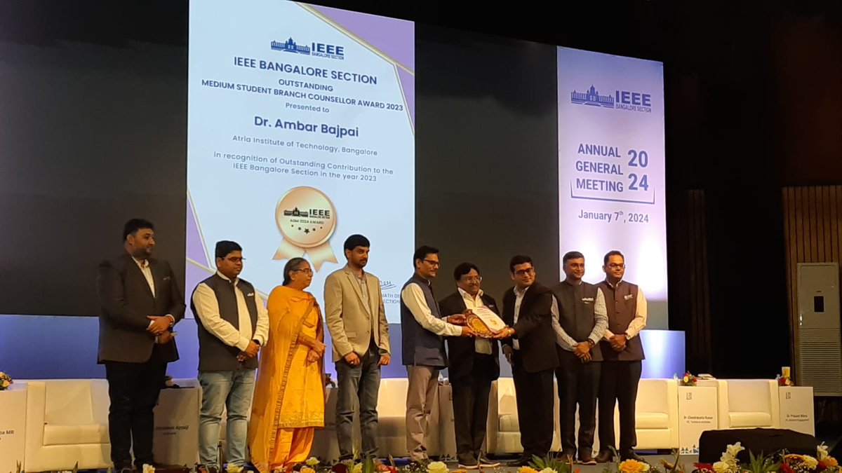ieeeatria's tweet photo. IEEE annual general meet 2024 🎉
>Congratulations to Dr Ambar Bajpai sir for Receiving Best Branch Counselor Award for medium student branch 🎉
>Congratulations to Dr Prasuna mam for receiving outstanding WiE volunteer Bangalore section https://t.co/j2NM6sC0Lx