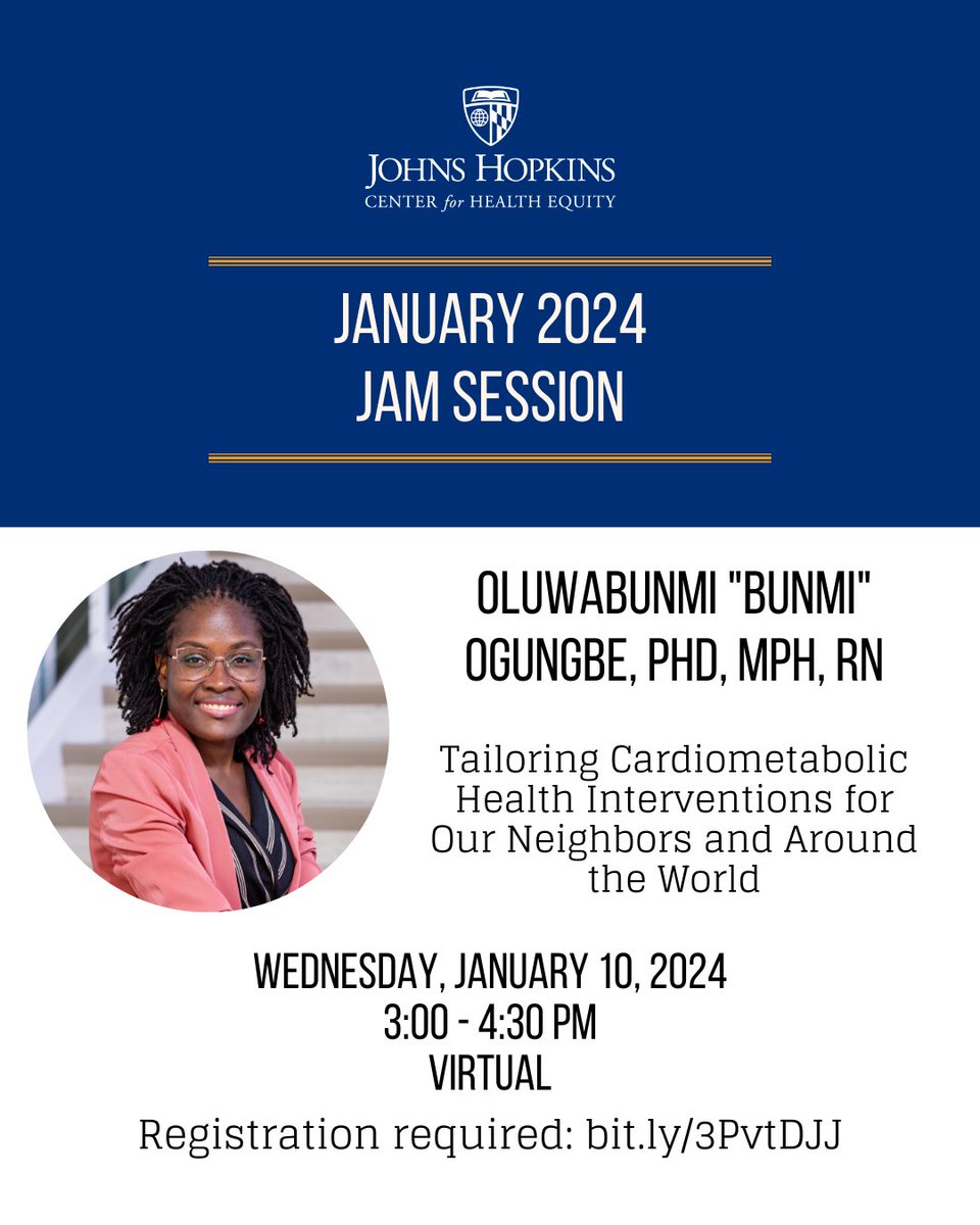 TOMORROW! Join us for our January Jam Session, featuring @bunmiogungbe09 who will share her talk 'Tailoring Cardiometabolic Health Interventions for our Neighbors and Around the World.' Register today! 🗓️ Wed, Jan. 10 🕒 3 - 4:30 PM 📍 Virtual Register🔗 loom.ly/LqITRWs