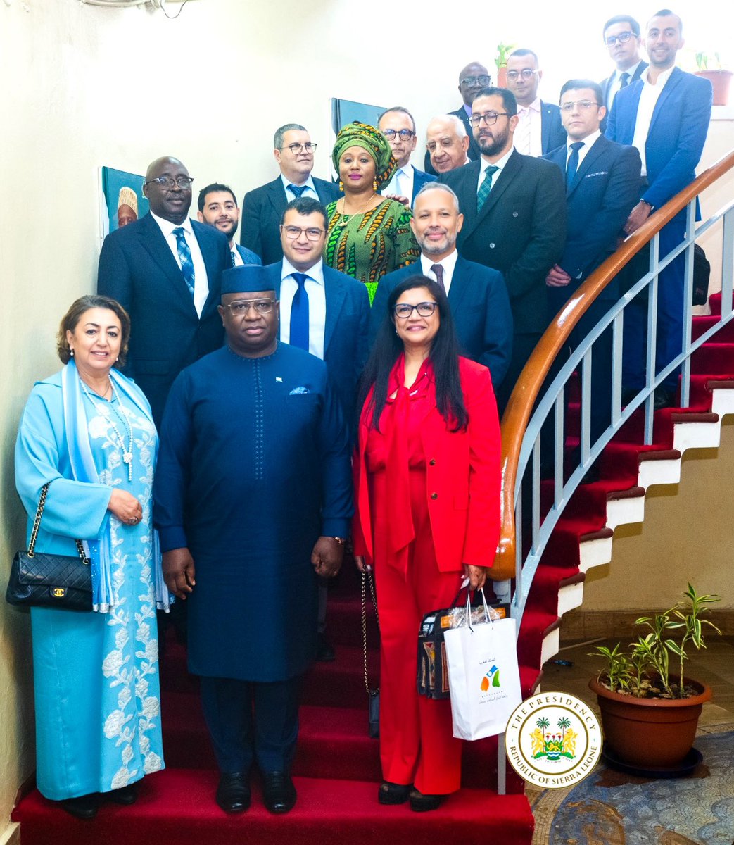 Presidency_SL's tweet photo. As part of efforts to continue to promote #SierraLeone as a viable investment destination, His Excellency President Julius Maada Bio today received a delegation of investors from the Kingdom of #Morocco led by the Ambassador of Morocco His Excellency Isam Taib. 

The delegation who are in the country as a follow-up to His Excellency’s visit to Morrocco in November 2023, are exploring various investment opportunities in the country with particular interest in @PresidentBio’s priority sectors of focus, especially  #agriculture. 

The delegation assured His Excellency of their readiness to concretise discussions regarding investments in the country with relevant stakeholders. 

The President on his part thanked the potential investors for honouring his invitation, while assuring them that the Government is ready to work with all ready investors towards taking advantage of the opportunities that abound in the country.

#PresidencySL🇸🇱