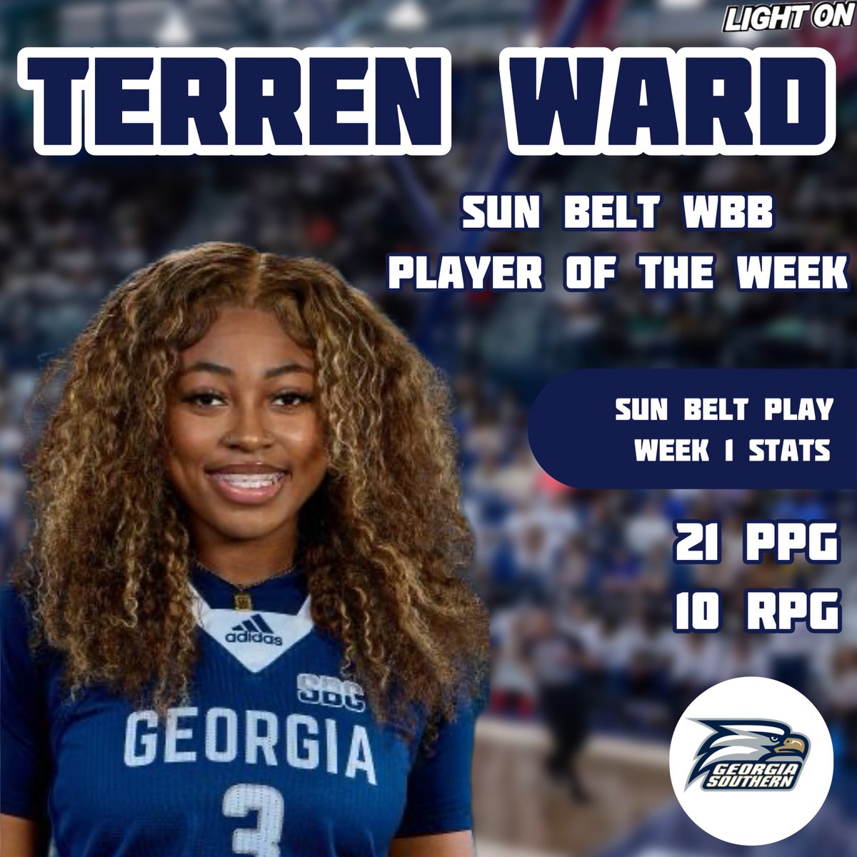 LightOnSports's tweet photo. Georgia Southern WBB guard Terren Ward has been named the Sun Belt Player of the Week for the 4th time this season. 🏆🦅

She averaged a DOUBLE DOUBLE (21 ppg & 10 rpg) during week 1 of SBC play. While also having the #1 play on Sportscenter for her game winning shot against ULM. 

#GATA @terrenward3 @GSAthletics_WBB 

Per: @SunBelt
