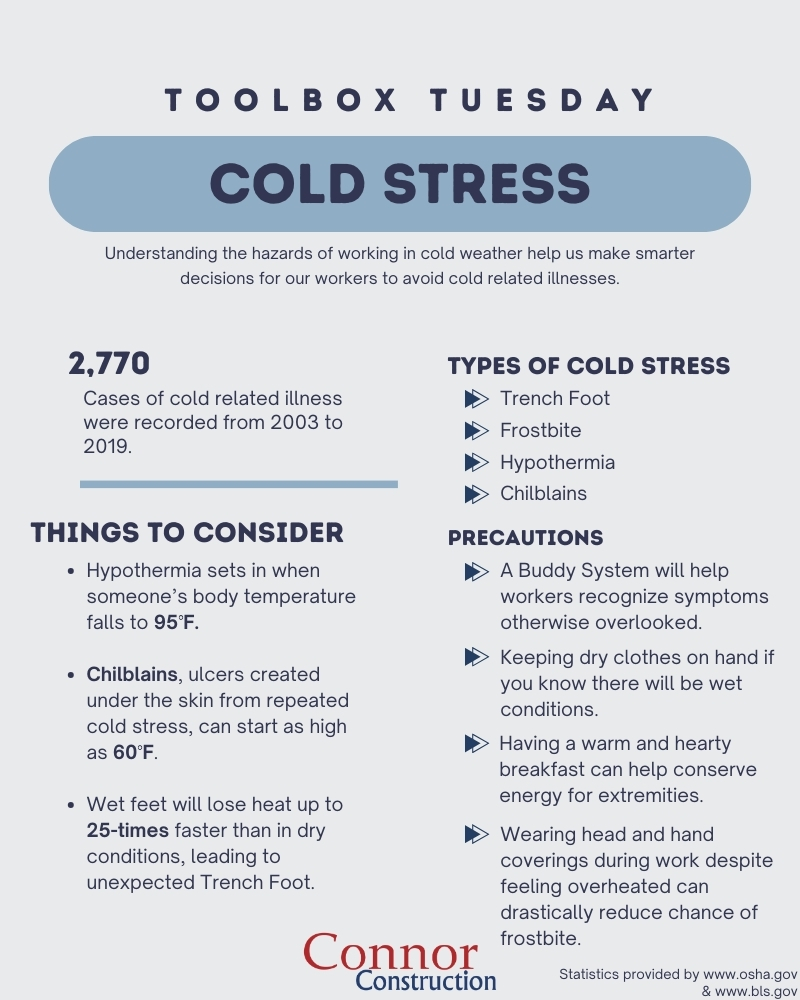 We've all heard of frostbite and hypothermia, but other cold-related illnesses still pose a threat whether we are working inside or outside. Learn about what we can do as employers to protect our workers during winter months.

#coldstress #coldweather #safetyfirst #toolboxtalk