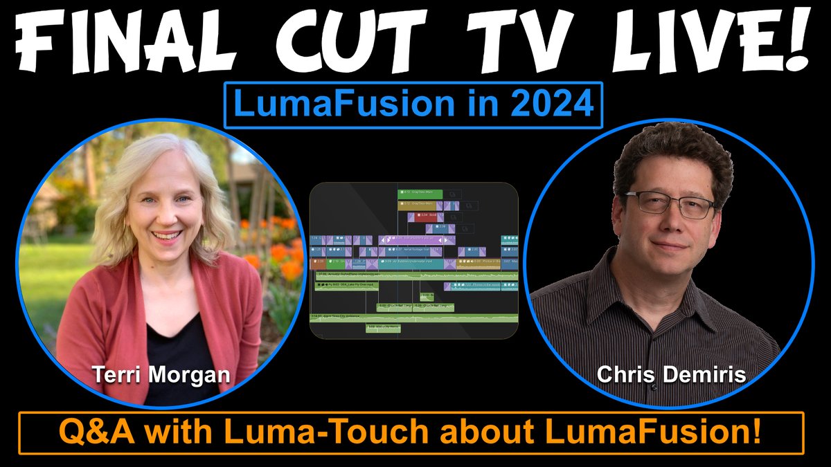 FCPRadio1's tweet photo. FINAL CUT TV LIVE!  LumaFusion 2024 with Terri &amp; Chris!
https://t.co/3uSih0xnC0, 
Today, Tuesday
2 PM EST US
11 AM PST US
7 PM GMT/UK
@LumaTouch 
#PostChat
#Post
Final Cut Pro
FCPX
#FCPX
#FinalCutPro
@Apple
FCP
#MOJO
@iFilmmakers
@mofilmmakers
@MobileMovieMag
#mobilevideo https://t.co/W8oq6Fd96O