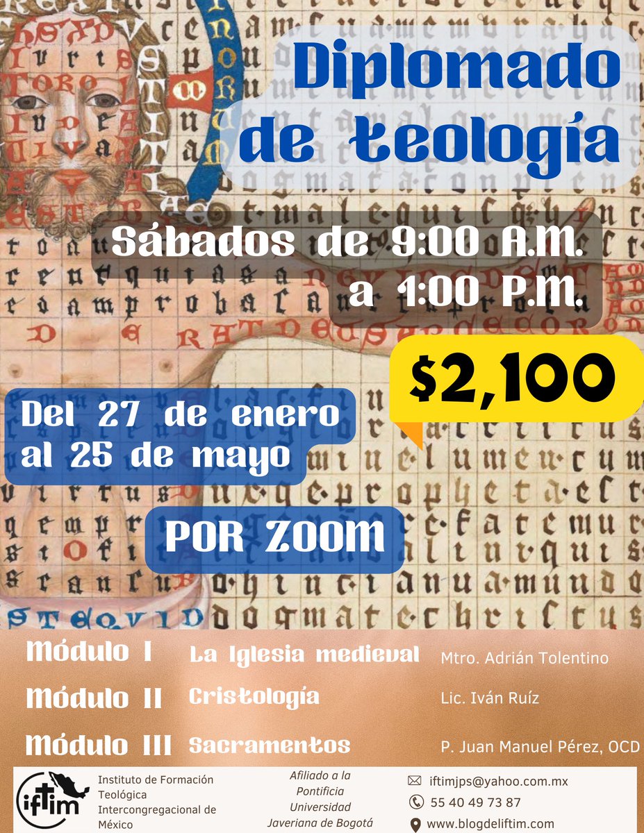 BlogdelIFTIM's tweet photo. DIPLOMADO DE TEOLOGÍA DEL IFTIM

¡Inscríbete a nuestro diplomado! Tiene validez institucional. (Pregunta por los descuentos). https://t.co/SLB2vZHbcF