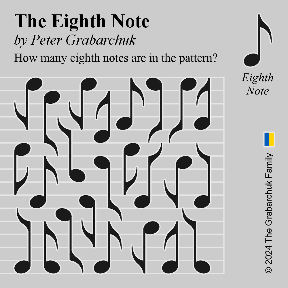 PuzzleMove's tweet image. The Eighth Note (by Peter Grabarchuk). How many eighth notes are in the pattern?

#EighthNote #Puzzle #Grabarchuk #SupportUkraine

Восьма Нота (автор Петро Грабарчук). Скільки восьмих нот у візерунку?