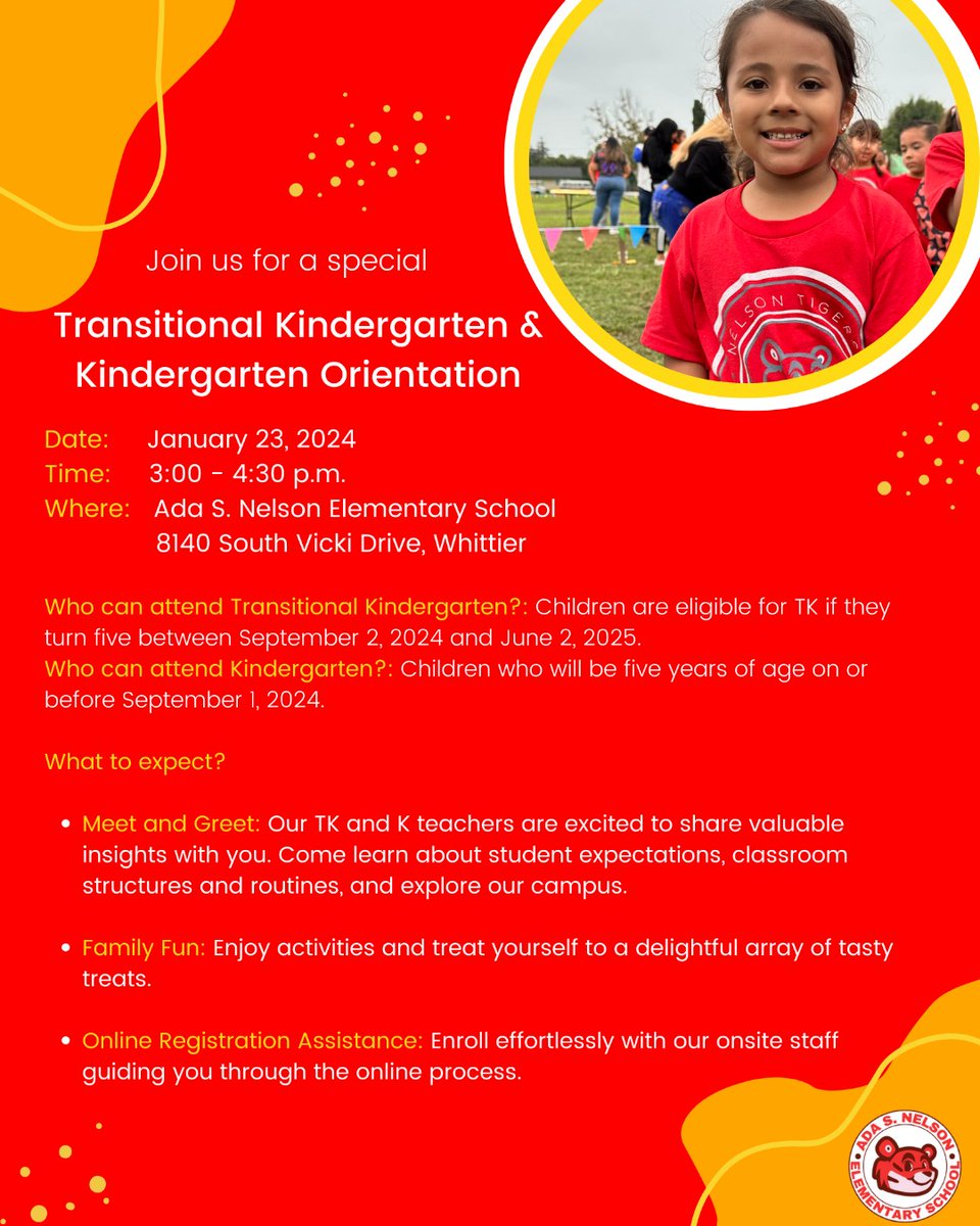 AdaSNelson_ES's tweet photo. Reminder - TK and Kindergarten Orientation is just around the corner! 🏫 Join us January 23rd from 3:00-4:30 to learn about student expectations, classroom structures and routines, and explore our campus 📚🎒✏️ https://t.co/qiTNUSvZHs