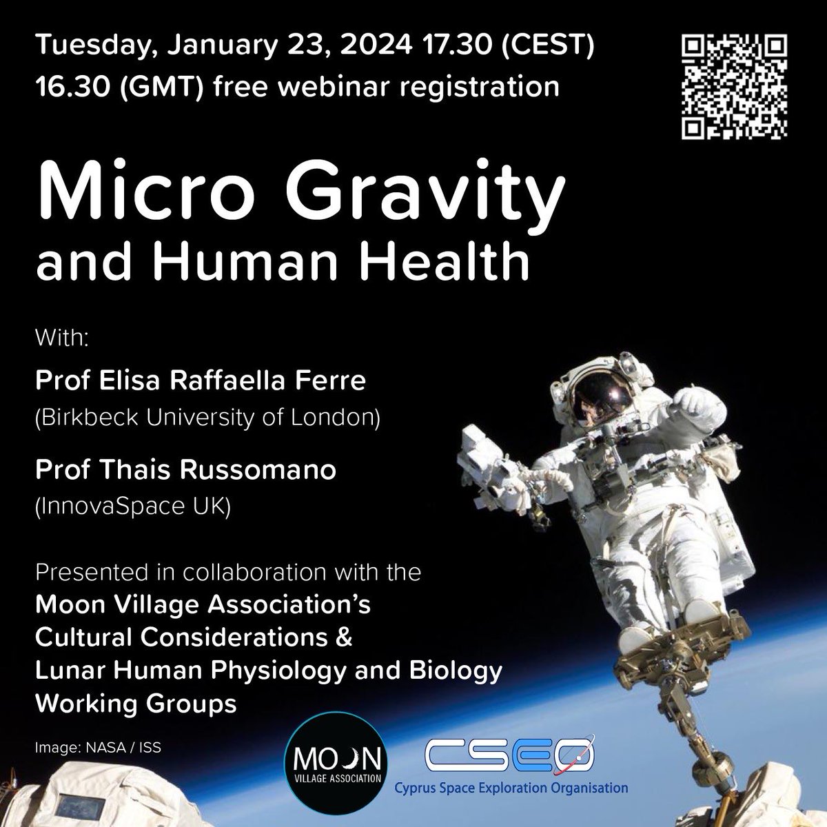 Interested in Microgravity and Human Health? 🚀 Join us on the 23/01/24 for a discussion on the effects of spaceflight on human body and brain <a href="/MoonVillageAssn/">Moon Village Association</a>. FREE registration (link below)!

<a href="/BirkbeckScience/">Birkbeck, Faculty of Science</a> <a href="/bbkpsychology/">Birkbeck School of Psychological Sciences</a> 
<a href="/ELGRA_space/">ELGRA</a> <a href="/StudentELGRA/">SELGRA</a> <a href="/UKSpaceLABS/">UKSpaceLABS</a>
