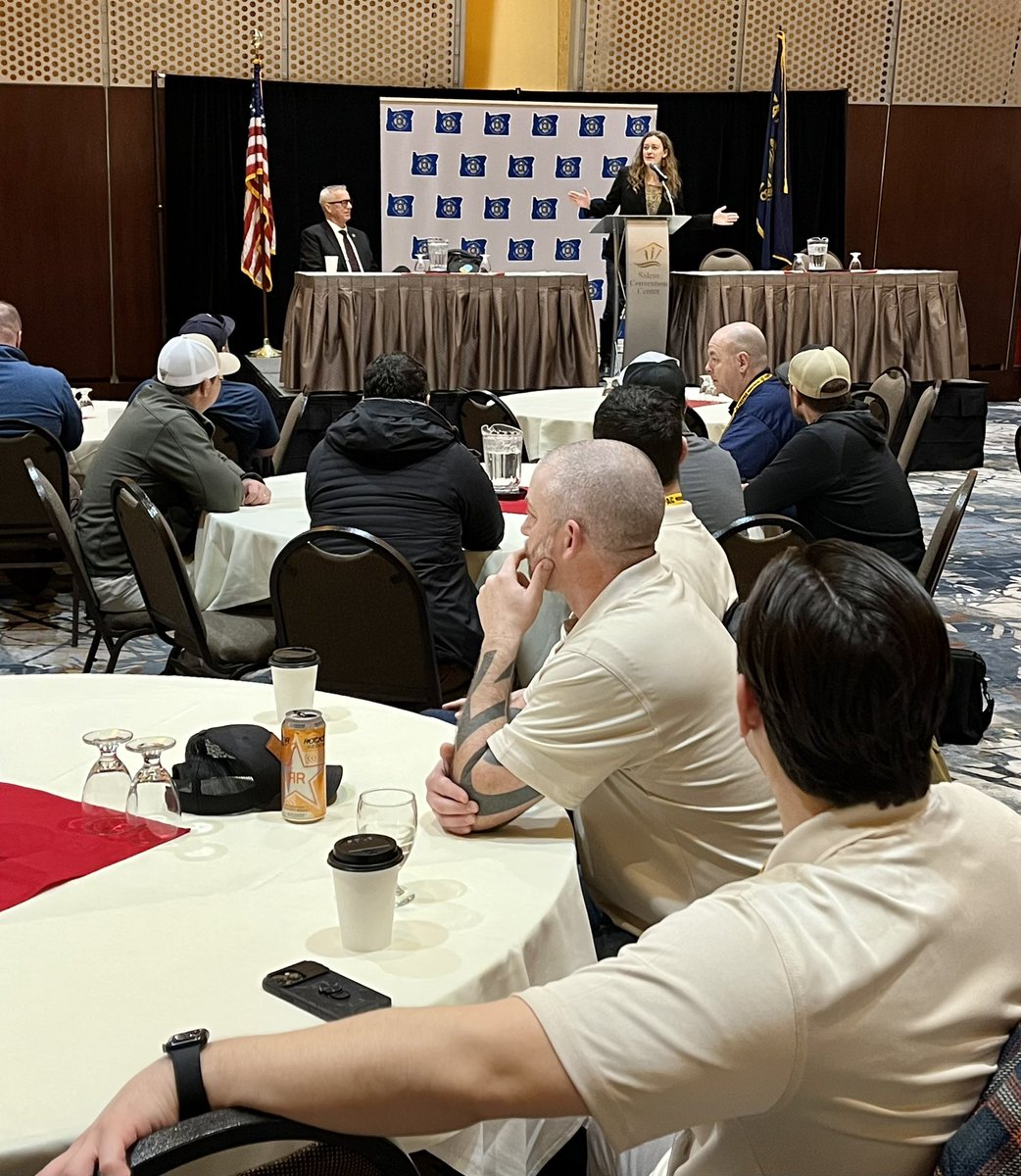 iaff43's tweet photo. State Representative for House District 28, Dacia Grayber, speaking to union firefighters from all across Oregon regarding legislative action, specifically on bills effecting our careers.
#OSFFC #representative https://t.co/UraQ6HPC4I