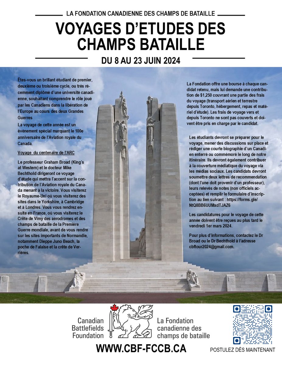CBFFCCB's tweet photo. Applications are now open for our 2024 Battlefield Study tour open to Cdn university students. This year's tour, supported by the @RCAFAssociation, will study contribution of the @RCAF_ARC to victory in the SWW and its origins in the FWW. Spread the word! https://t.co/jldrnNw1iz