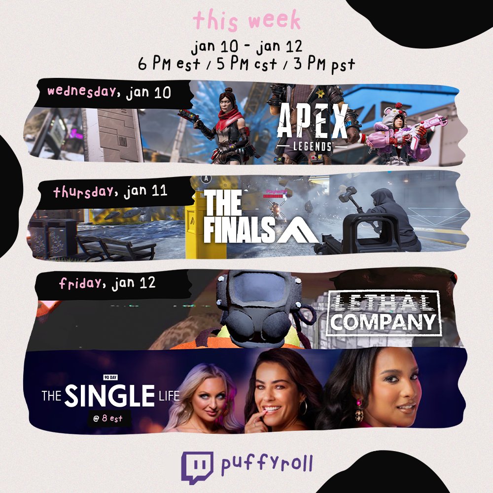 📅 THIS WEEK'S STREAM (1/10-1/12) 
weds: apex legends
thurs: the finals
fri: lethal company &amp; 90 day single life watch party

👉 twitch.tv/puffyroll 
6PM est / 5PM cst / 3PM pst

i missed you all 🤍