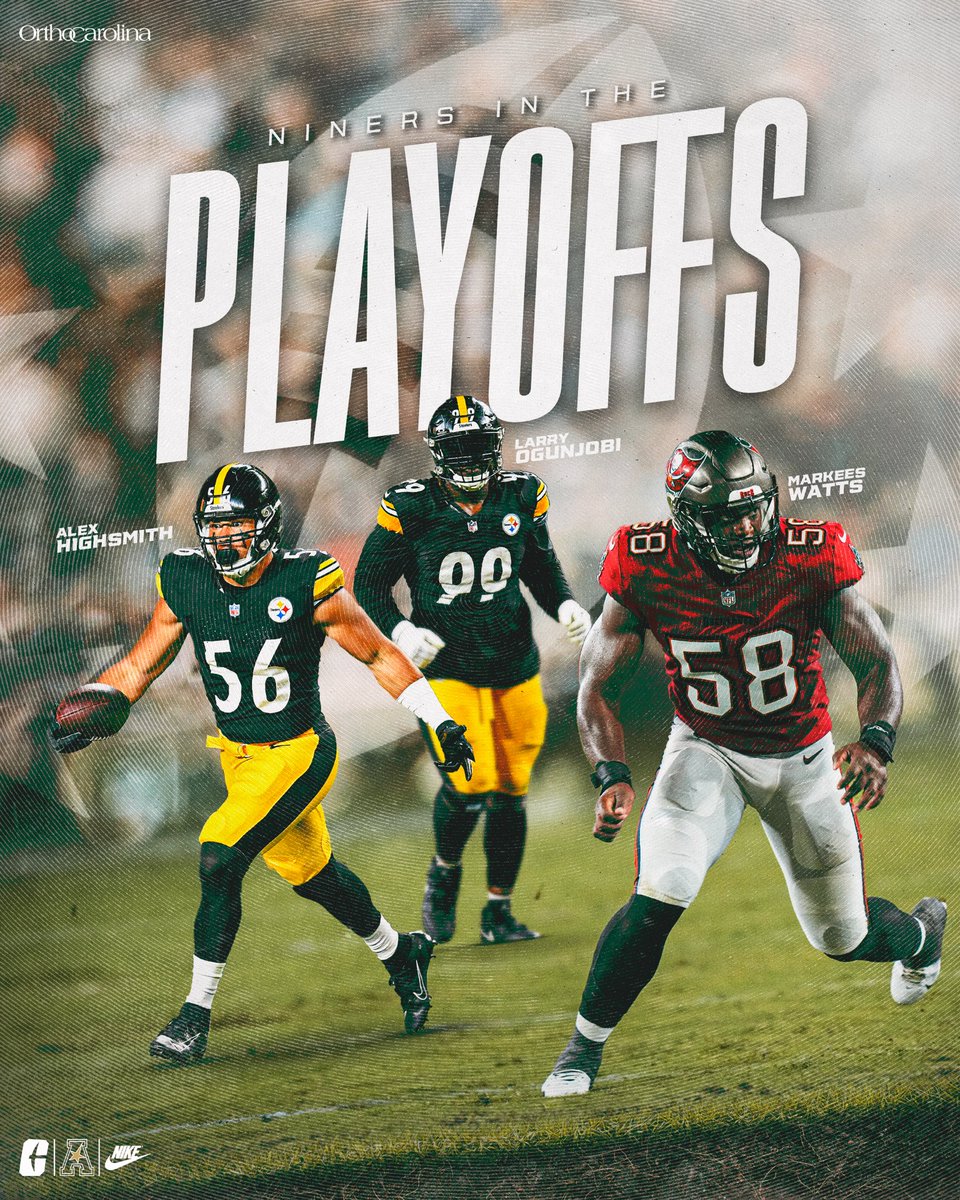 Best of luck to our #NFLniners going into the @NFL Playoffs! @Mr_Ogunjobi - @steelers @ilovemarkees - @Buccaneers #AlexHighsmith - @steelers