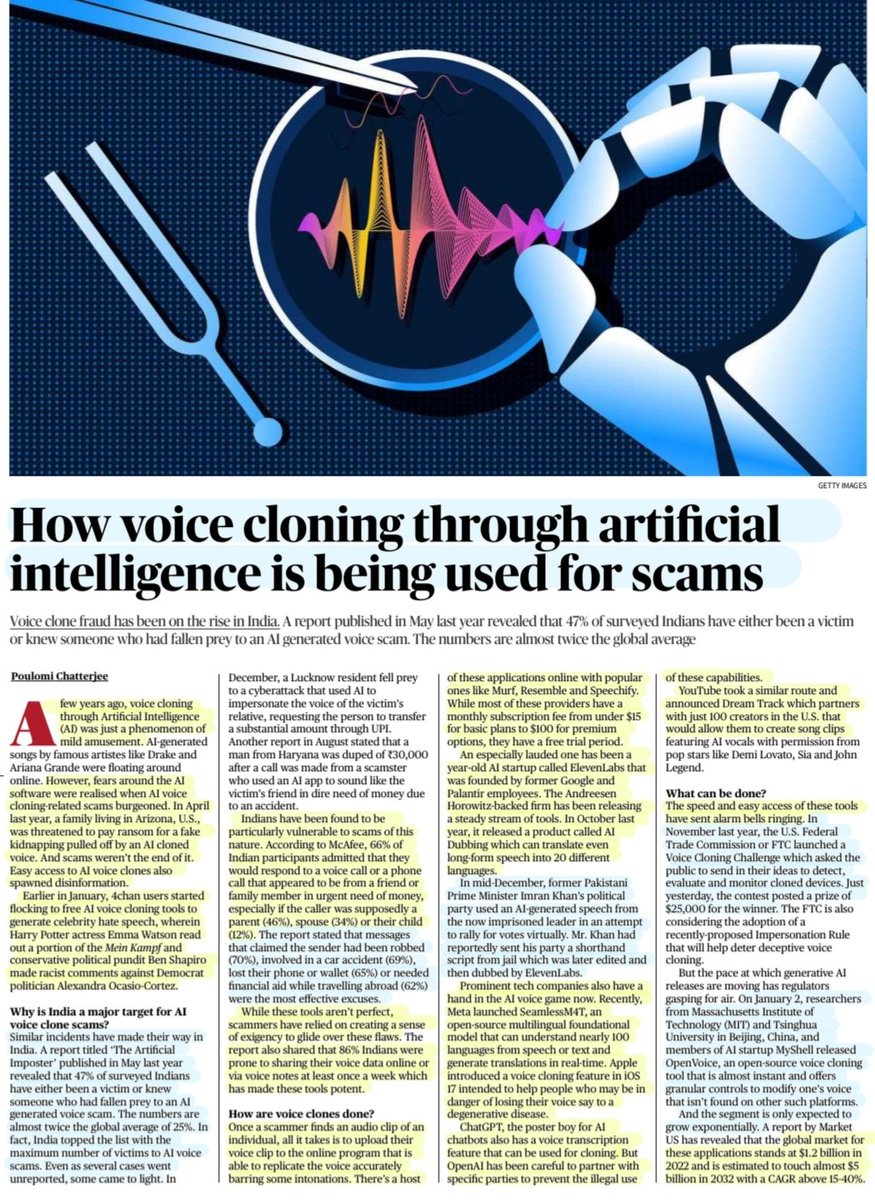 imRavikantYadav's tweet photo. 'How Voice Cloning through Artificial Intelligence is being used for Scams'
:Well explained by Ms Poulomi Chatterjee
#ArtificialIntelligence #VoiceCloning #Scam
#VoiceScam
#Murf #resemble #Elevenlabs #Speechify
#SeamlessM4T #ChatGPT #DreamTrack
#technology
#UPSC
Source:TH https://t.co/pUd9hVG8nk
