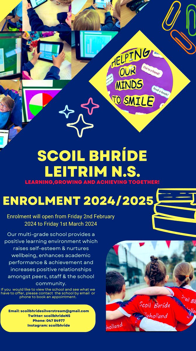 scoilbhrideNS's tweet photo. 🌟ENROLMENT: SEPTEMBER 2024🌟
For more information, contact our school office on: 047 84977 or email: scoilbhridesilverstream@gmail.com https://t.co/0KHQqTJQkE