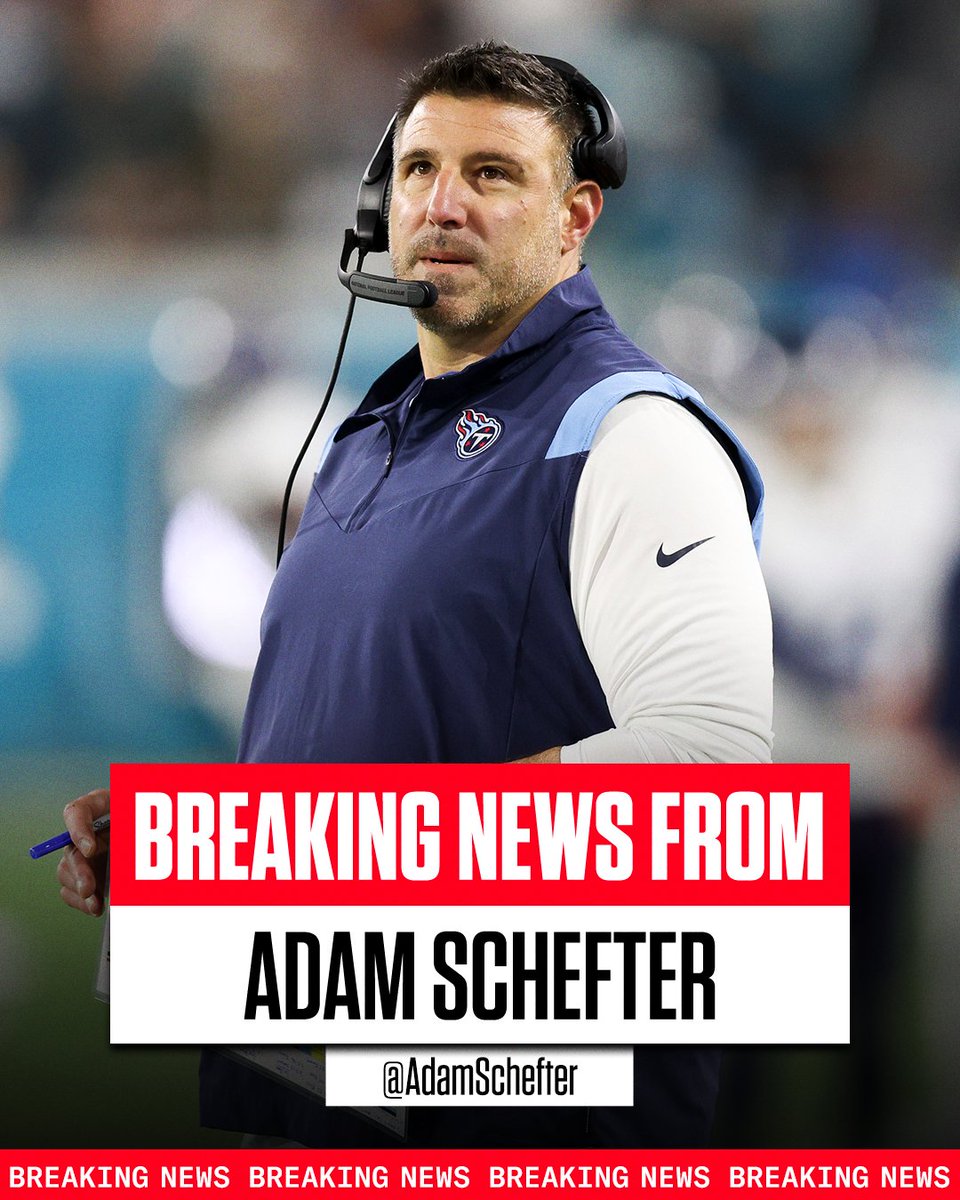 espn's tweet photo. Breaking: The Titans have fired head coach Mike Vrabel, sources told @AdamSchefter.

Vrabel led Tennessee to four consecutive winning seasons after arriving in 2018, but two straight losing seasons in the last two years. https://t.co/SGhbxdWkpU