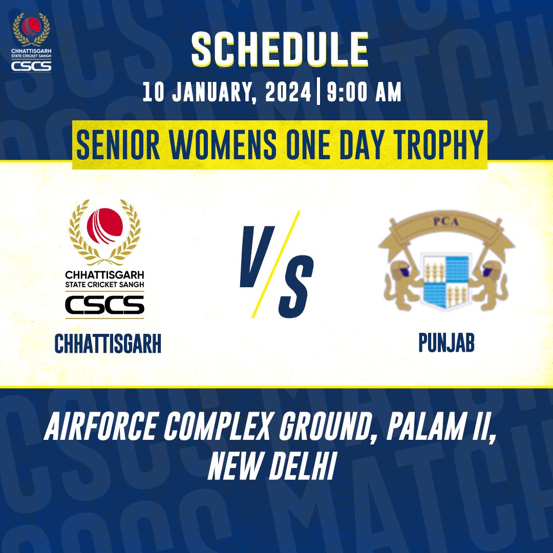 CricketCSCS's tweet photo. #SeniorWomensOneDayTrophy
🔥 Chhattisgarh vs Punjab
📅 10 January 2024
⏰ 9:00 AM
🏟️ Airforce Complex Ground, New Delhi
#BCCIDomestic #WomensCricket #OneDaytournament #OneDayCricket #OneDayTrophy #TeamCSCS #GoTeamCG #crickettournament #cricketcscs #CSCS #chhattisgarhcricket https://t.co/R3qbDYd9KJ