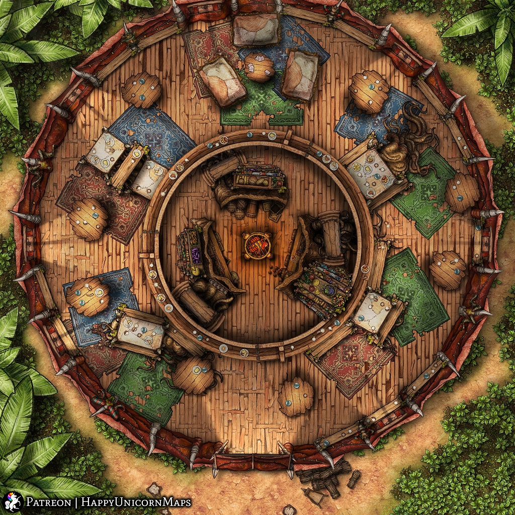 This jungle orcish tavern is built around a massive tree. Utilizing the enormous roots that protrude from the ground, the tavern cleverly incorporates them as tables. 

🦄 For more maps like this one, and much more:
➡ patreon.com/HappyUnicornMa… ⬅