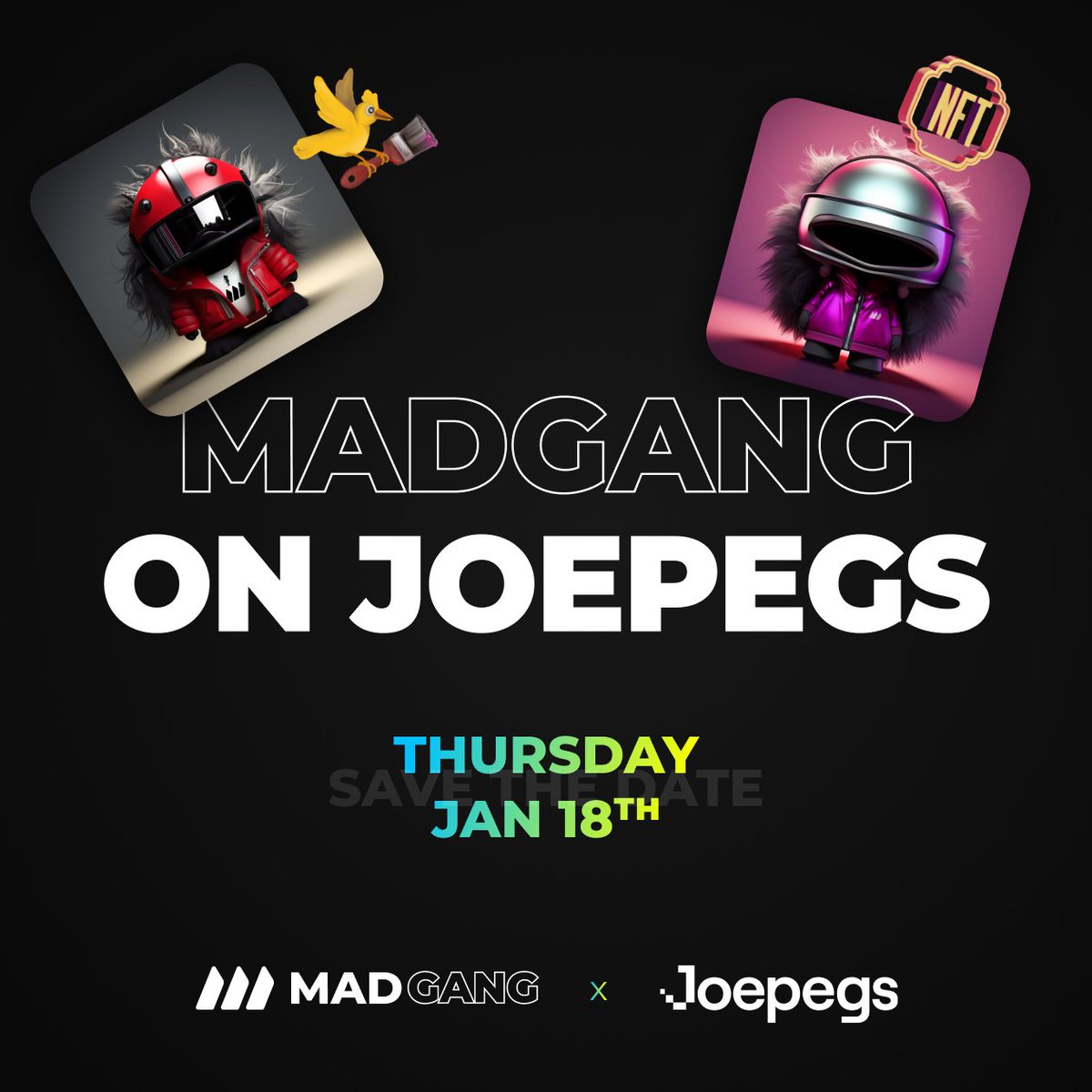 MADonAvax's tweet photo. ๐ Exciting News!
The MAD GANG NFT Collection is set to make waves on @joepegsnft, one of the biggest marketplaces on @avax
It's a great honour for $MAD to launch on this stellar platform - Get ready for some MADness! ๐ฅ
Mark your calendars for the minting event on:
๐๏ธ Thursday, January 18th โ 5PM UTC