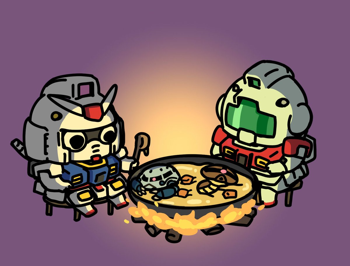 rx-78-2 robot no humans mecha cooking campfire v-fin fire  illustration images