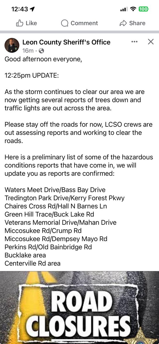 Tallahassee road closure post by LCSO @ 12:25pm 1/9/24.