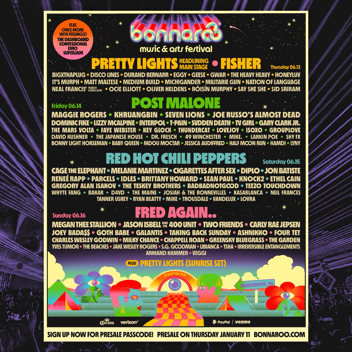 See you in June at Bonnaroo. Sign up today for a presale passcode and get your tickets this Thursday at 10AM CT for the lowest possible price: bonnaroo.com/?utm_source=ar…