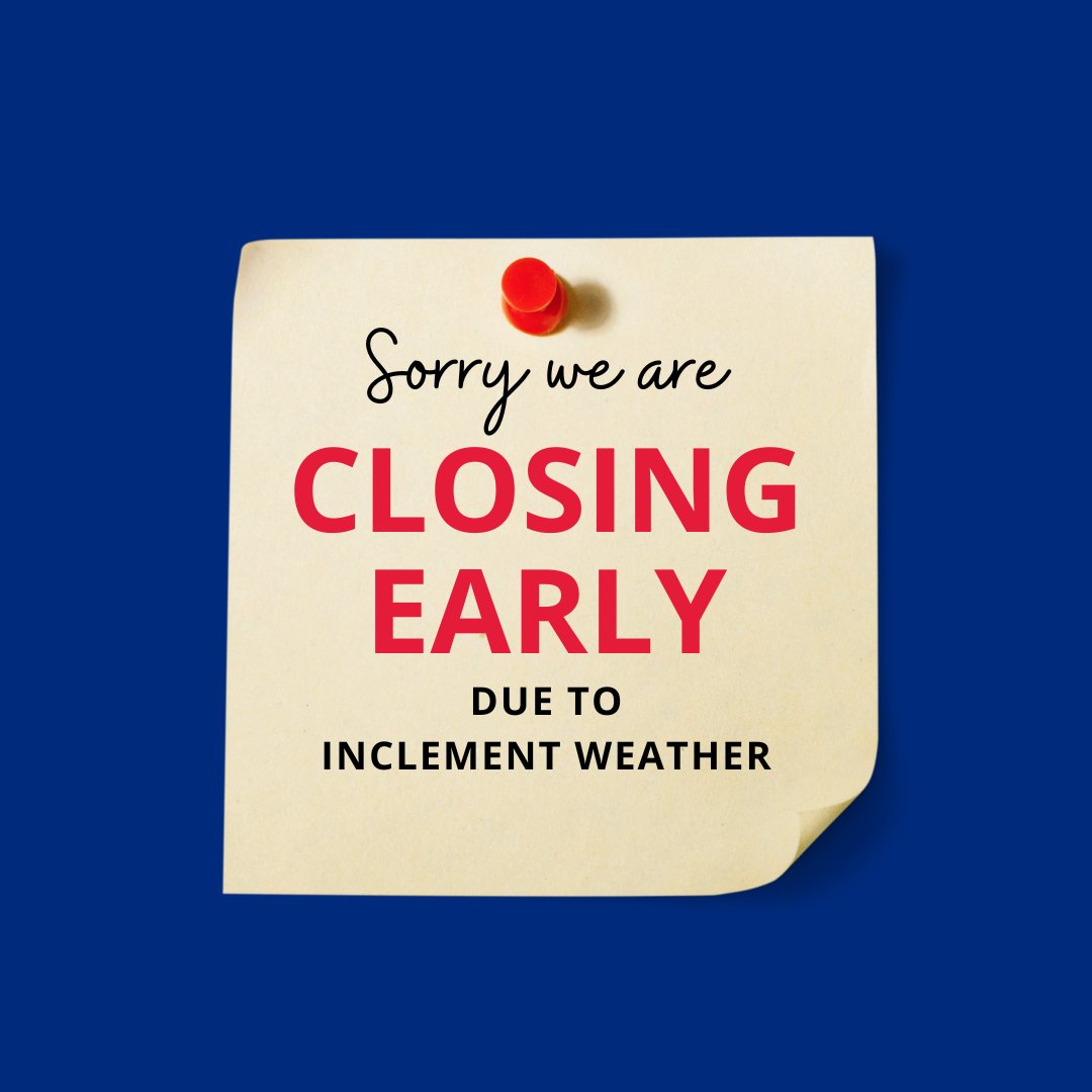 Due to inclement weather, we will be closing at 2:00 pm today.  Stay safe! #closingearly #lkn #lakenorman #cornelius