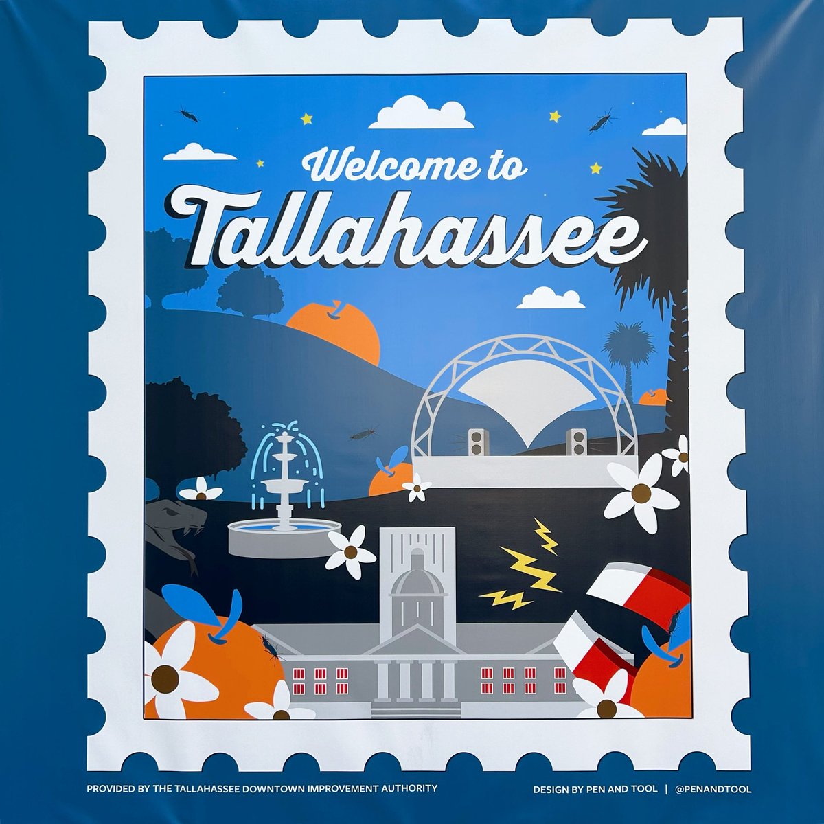 TLHDowntown's tweet photo. Right outside of @tlhdowntown and @laflorida_coffeeandwine there is a new mural for everyone to pose with that features some of the best Tallahassee elements!🩵🧲

DIA collaborated with: @gototcc, @penandtool, and @fastsigns373 to install a new vinyl mural in Downtown! https://t.co/YsNocnFpW7